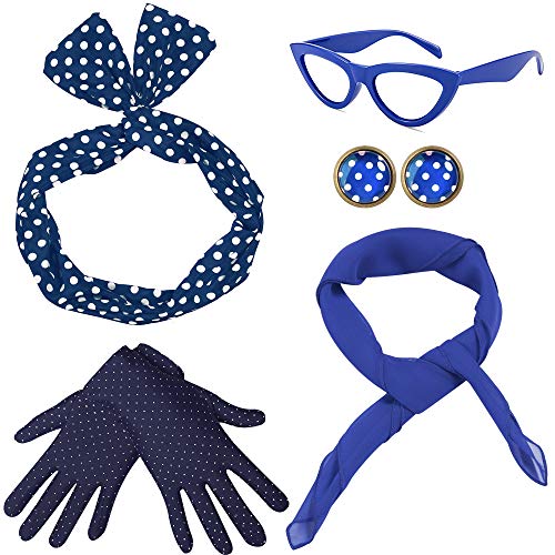 Coucoland 50er Jahre Rockabilly Kostüm Accessoires Damen 1950s Zubehör Set Inklusive Polka Dots Bandana Haarband Ohrringe Handschuhe Katzenaugen Sonnenbrille Chiffon Schal (Blau) von Coucoland