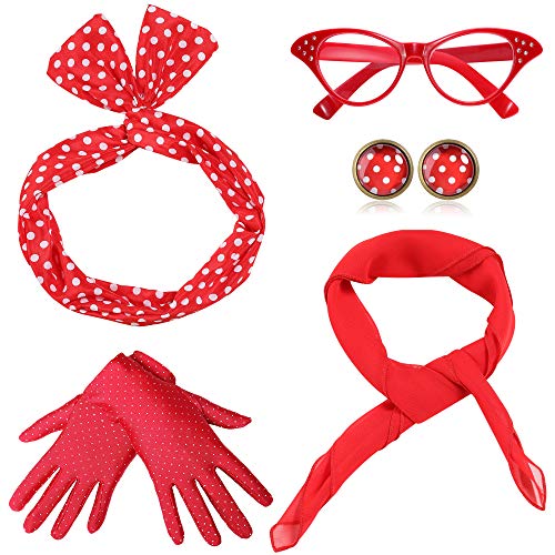 Coucoland 50er Jahre Rockabilly Kostüm Accessoires Damen 1950s Zubehör Set Inklusive Polka Dots Bandana Haarband Ohrringe Handschuhe Katzenaugen Sonnenbrille Chiffon Schal (Rot) von Coucoland