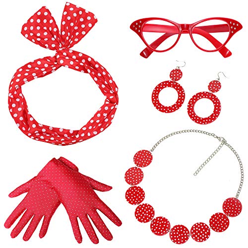 Coucoland 50er Jahre Rockabilly Kostüm Accessoires Damen 1950s Zubehör Set Inklusive Polka Dots Bandana Haarband Ohrringe Handschuhe Katzenaugen Sonnenbrille Chiffon Schal (Rot - Stil 2) von Coucoland