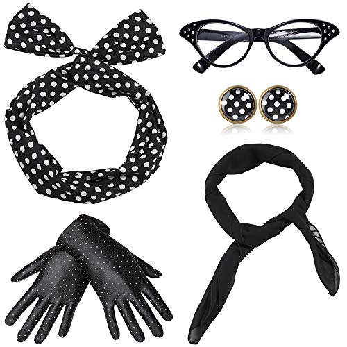 Coucoland 50er Jahre Rockabilly Kostüm Accessoires Damen 1950s Zubehör Set Inklusive Polka Dots Bandana Haarband Ohrringe Handschuhe Katzenaugen Sonnenbrille Chiffon Schal (Schwarz) von Coucoland