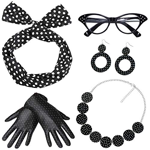 Coucoland 50er Jahre Rockabilly Kostüm Accessoires Damen 1950s Zubehör Set Inklusive Polka Dots Bandana Haarband Ohrringe Handschuhe Katzenaugen Sonnenbrille Chiffon Schal (Schwarz - Stil 2) von Coucoland