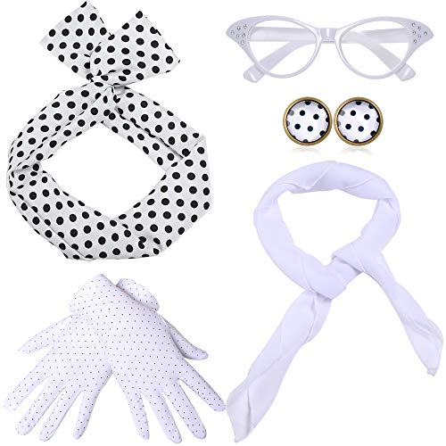 Coucoland 50er Jahre Rockabilly Kostüm Accessoires Damen 1950s Zubehör Set Inklusive Polka Dots Bandana Haarband Ohrringe Handschuhe Katzenaugen Sonnenbrille Chiffon Schal (Weiß) von Coucoland