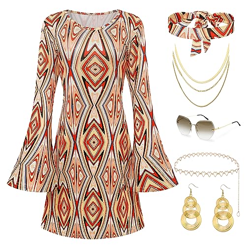 Coucoland 70er Jahre Disco Outfits für Frauen - 60er Jahre Hippie Kleid Kostüm Party Zubehör Set Sonnenbrille Stirnband, Orange/Abendrot im Zickzackmuster (Sunset Chevron), L von Coucoland