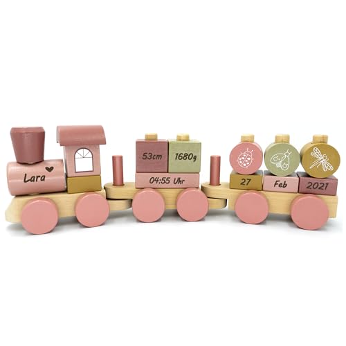 Coverlounge Holz Zug Eisenbahn Lokomotive mit Steckformen ROSA/BLAU | beklebt personalisierbar | zur Geburt und Geburtstag von Coverlounge