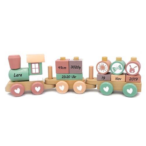 Personalisierte Holz-Eisenbahn mit Namen – Lokomotive mit Steckformen in Pink – Geschenk zur Geburt & Geburtstag für Mädchen & Jungen – Schriftfarbe Schwarz Personalisierte Holz-Eisenbahn mit Namen – Lokomotive mit Steckformen in Pink – Geschenk zur Geburt & Geburtstag für Mädchen & Jungen – Schriftfarbe Schwarz von Coverlounge