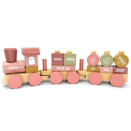 Personalisierte Holz-Eisenbahn mit Namen – Lokomotive mit Steckformen in Rosa – Geschenk zur Geburt & Geburtstag für Mädchen & Jungen – Schriftfarbe Weiß Personalisierte Holz-Eisenbahn mit Namen – Lokomotive mit Steckformen in Rosa – Geschenk zur Geburt & Geburtstag für Mädchen & Jungen – Schriftfarbe Weiß von Coverlounge