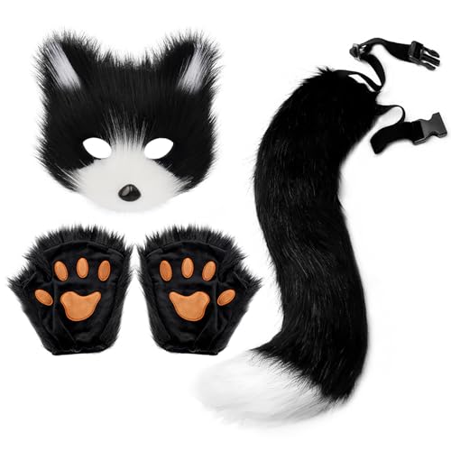 Kostüm Cosplay Kostüm mit Furry Schwanz, Maske Handschuhe, Kunstpelz Maske Wolf Katze Flauschiger Schwanz für Halloween Cosplay Kostüm Karneval Party Kostüm Accessoire,Grau (A) von Covermason