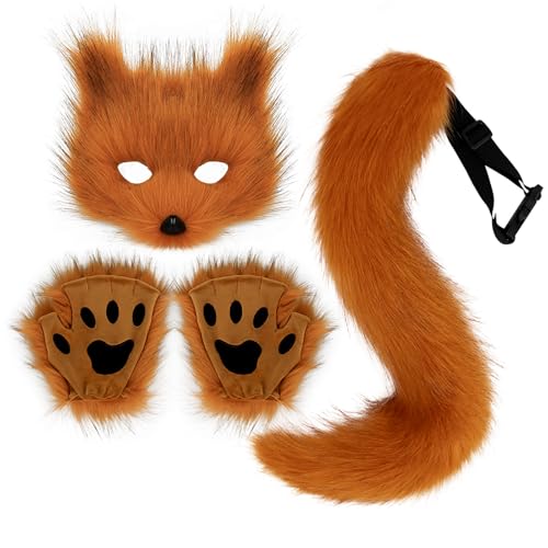 Kostüm Cosplay Kostüm mit Furry Schwanz, Maske Handschuhe, Kunstpelz Maske Wolf Katze Flauschiger Schwanz für Halloween Cosplay Kostüm Karneval Party Kostüm Accessoire,Grau (Coffee, A) von Covermason