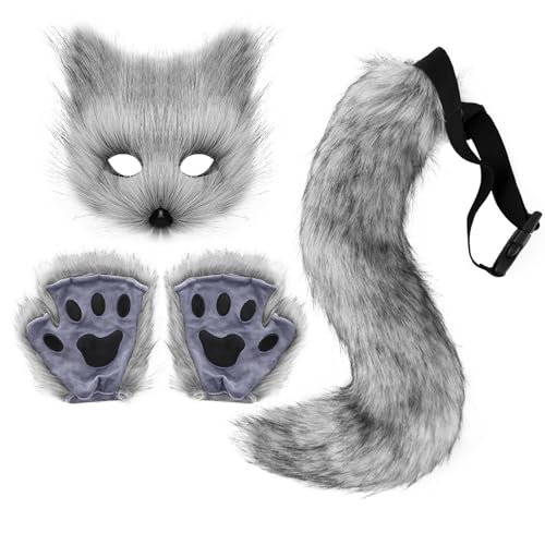 Kostüm Cosplay Kostüm mit Furry Schwanz, Maske Handschuhe, Kunstpelz Maske Wolf Katze Flauschiger Schwanz für Halloween Cosplay Kostüm Karneval Party Kostüm Accessoire,Grau (Dark Gray, A) von Covermason