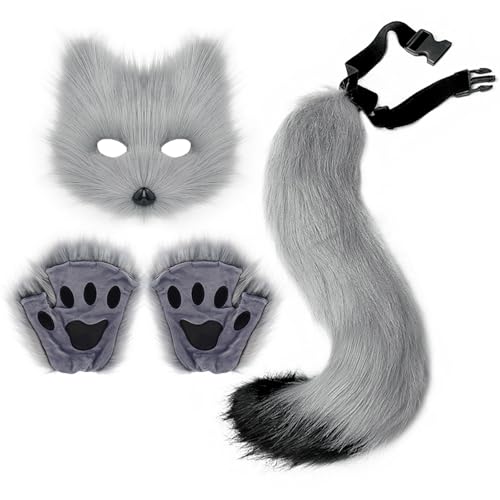 Kostüm Cosplay Kostüm mit Furry Schwanz, Maske Handschuhe, Kunstpelz Maske Wolf Katze Flauschiger Schwanz für Halloween Cosplay Kostüm Karneval Party Kostüm Accessoire,Grau (Grey, A) von Covermason