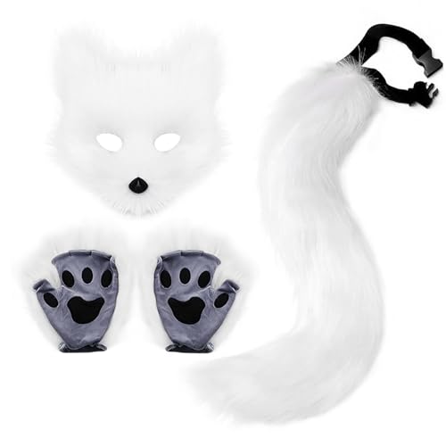 Kostüm Cosplay Kostüm mit Furry Schwanz, Maske Handschuhe, Kunstpelz Maske Wolf Katze Flauschiger Schwanz für Halloween Cosplay Kostüm Karneval Party Kostüm Accessoire,Grau (White, A) von Covermason