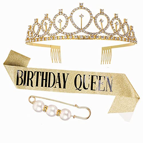 Geburtstags Krone Schärpe, Gold Kristall Geburtstagskrone Birthday Krone Tiara Crown Frauen Prinzessin Haar Zusätze Mädchen Geburtstag Tiara für Frauen Party Accessoires mit Perle Brosche von Coyanyu