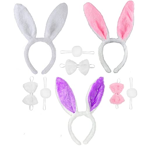 Kaninchenohren Stirnband Hase Kostüm, 3 Sets Kaninchenohren Stirnband und Schwanz Fliege für Erwachsene Kinder Cosplay Weihnachten Party von Coyanyu