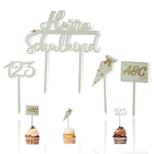 Schulkind 2024 Tortendeko Einschulung Holz, 4 STK Cake Topper Hurra Schulkind Holz Kuchendeko Schulanfang, Deko Schulkind 2023 Mädchen Junge Einschulung Geschenk von Cozevdnt