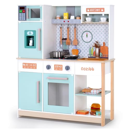 CoziBB Kinderküche, Kinderküche Aus Holz Mit Ton Und Licht, 30 Zubehörteile Mit Kühlschrank, Mikrowelle, Backofen Und Eiswürfelmaschine, Mit Schürze Und Hut, Spielzeugset Geschenk Für Kinder von CoziBB