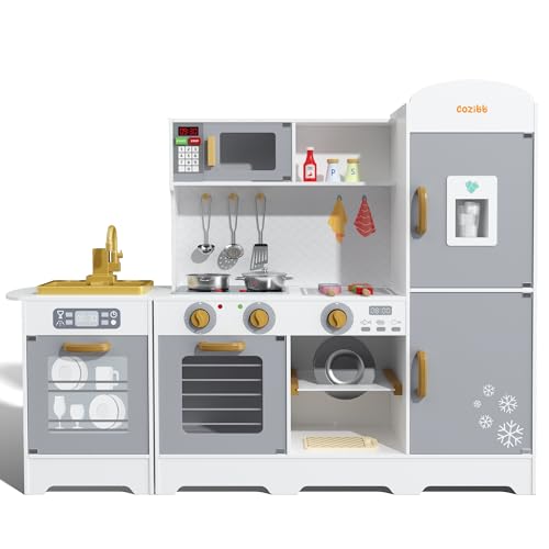 CoziBB Kinderküche, Küchenspielzeug, XXL Spielküche Holz Mit Wasserhahn, Kühlschrank, Mikrowelle, Backofen, Eismaschine, Geschirrspüler Und Grill, Für Kinder Ab 3 Jahren von CoziBB