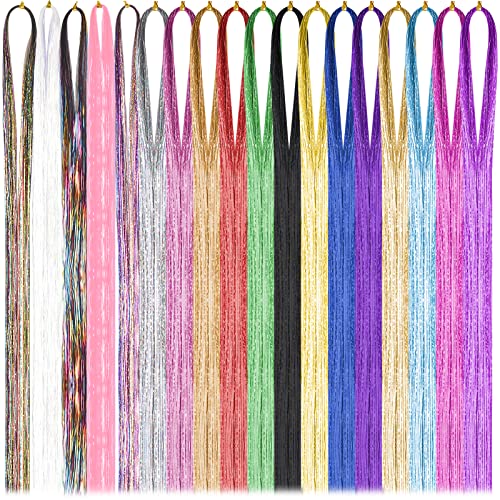 18 Farben 3600 Stränge Haar Lametta Extensions, 48 Zoll Glänzendes Lametta Glitzer Strähnen, Hitzebeständige Hair Tinsel, Haar Lametta Stränge Für Frauen Mädchen Party Cosplay Haarschmuck von Cozlly