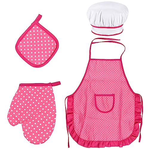 Cozlly Kinder Schürze Kochmütze Set, Kochschürze Kinder mit Taschen, Backen Kochmütze Elastische, Kochhandschuh, Isolierpads, Koch Kostüm Kinder für Küche Kochen Backen Malerei Role Play, 3-8 Jahre von Cozlly