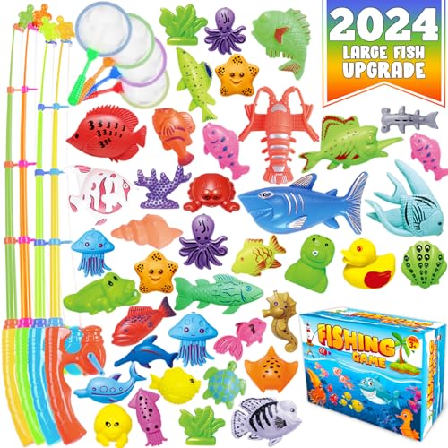 CozyBomB™ Magnetisches Angelspielzeug-Spiel-Set für Kinder, Wassertisch, Badewanne, Kinderpool-Party mit Stangennetz, schwimmender Fische, Kleinkinder, Farbe, Ozean, Meerestiere, Alter 3, 4, 5, 6 von CozyBomB