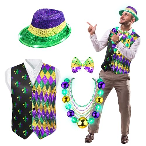 Cozypower 10-teiliges Mardi Gras Westen-Set für Herren, 76,2 cm, leuchtende Jumbo-Mardi-Gras-Perlen-Halskette, LED-Paillettenhut, Fliege für Party, Größe XL von Cozypower