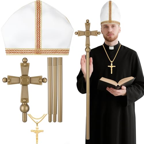 Cozypower 3 Stück Halloween Papst Kostüm katholischer Kardinal Bischof Priester Hut Crozier Staff Cane Halskette für Erwachsene Männer Cozypower 3 Stück Halloween Papst Kostüm katholischer Kardinal Bischof Priester Hut Crozier Staff Cane Halskette für Erwachsene Männer von Cozypower