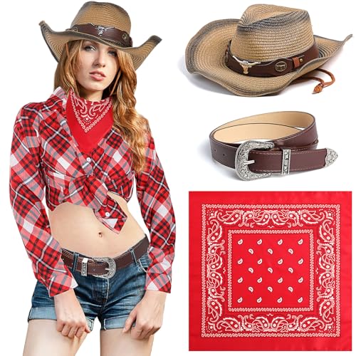 Cozypower Cowgirl-Kostüm für Damen, Cosplay-Set, Western-Cowgirl-Hemd, Cowgirl-Hut, Gürtel, Bandana für Halloween, 4-teilig, mehrfarbig von Cozypower