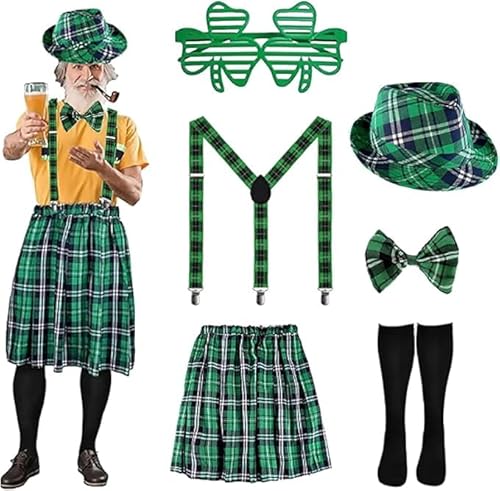 Caxndycing Scottish Set for Men Checked Kilt and Barrett Mini Skirt Hat Scottish Lady Scotland St Patricks Day Costume Party Supplies Irish Check Pattern Fancy Dress Costumes (A,M) von Cozzmats