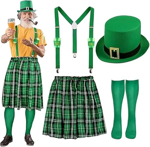 Caxndycing Scottish Set for Men Checked Kilt and Barrett Mini Skirt Hat Scottish Lady Scotland St Patricks Day Costume Party Supplies Irish Check Pattern Fancy Dress Costumes (C,M) von Cozzmats