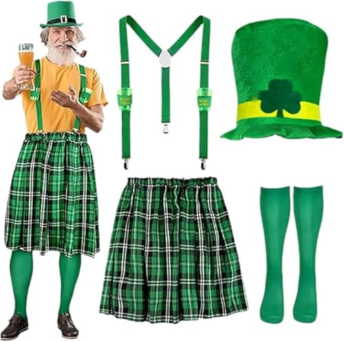 Caxndycing Scottish Set for Men Checked Kilt and Barrett Mini Skirt Hat Scottish Lady Scotland St Patricks Day Costume Party Supplies Irish Check Pattern Fancy Dress Costumes (Green,M) von Cozzmats