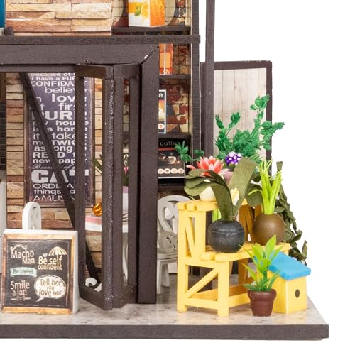 Crafts&Co® DIY Miniature Haus mit Möbeln | DIY Puppenhaus Erwachsene | Hölzernes Puppenhaus-Kit | Holz Mini Haus Modell mit Licht | 1:18 | Kaffee Café Happiness von Crafts&Co