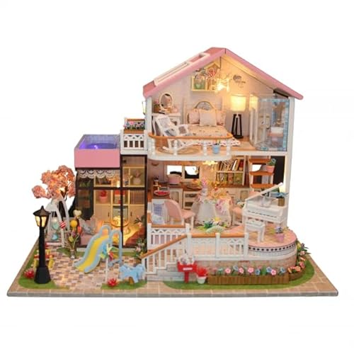 Crafts&Co® DIY Miniature Haus mit Möbeln | DIY Puppenhaus Erwachsene | Hölzernes Puppenhaus-Kit | Holz Mini Haus Modell mit Licht | 1:18 | Mini-Villa von Crafts&Co