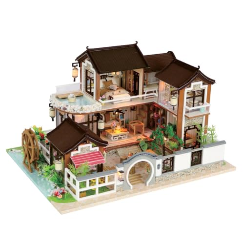 Crafts&Co® DIY Miniature Haus mit Möbeln | DIY Puppenhaus Erwachsene | Hölzernes Puppenhaus-Kit | Holz Mini Haus Modell mit Licht | 1:18 | Nostalgisches Dorf von Crafts&Co