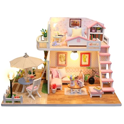 Crafts&Co® DIY Miniature Haus mit Möbeln | DIY Puppenhaus Erwachsene | Hölzernes Puppenhaus-Kit | Holz Mini Haus Modell mit Licht | 1:18 | Rosa Zimmer von Crafts&Co