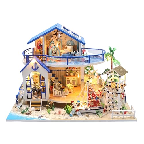 Crafts&Co® DIY Miniature Haus mit Möbeln | DIY Puppenhaus Erwachsene | Hölzernes Puppenhaus-Kit | Holz Mini Haus Modell mit Licht | 1:18 | Strandhaus von Crafts&Co