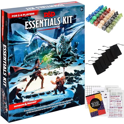 MELARQT Dungeons & Dragons Essentials Kit 5th Edition mit komplettem Starterpaket - 6 D&D Würfelsets in schwarzen Taschen und DND Anfänger bedruckbare Materialien von CraftyCrocodile