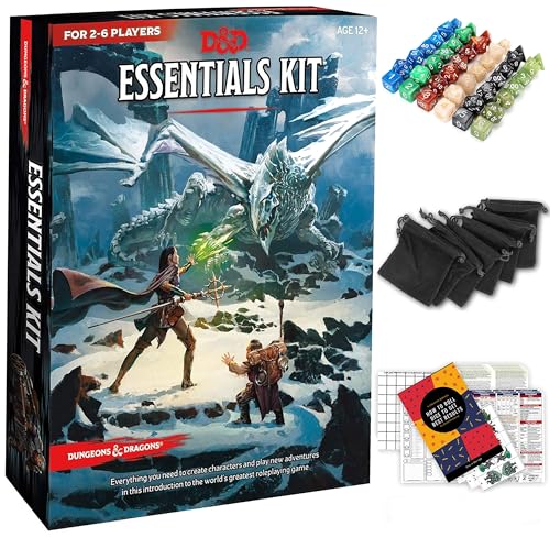 MELARQT Dungeons & Dragons Essentials Kit 5th Edition mit komplettem Starterpaket - 6 D&D Würfelsets in schwarzen Taschen und DND Anfänger bedruckbare Materialien von CraftyCrocodile