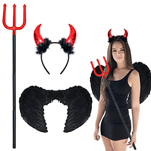 Cranight Teufel Kostüm Damen 3 PCS, mit 60CM Engelsflügel Schwarz, Teufelshörner, Halloween Kostüm Damen Karneval Fasching Verkleidung von Cranight