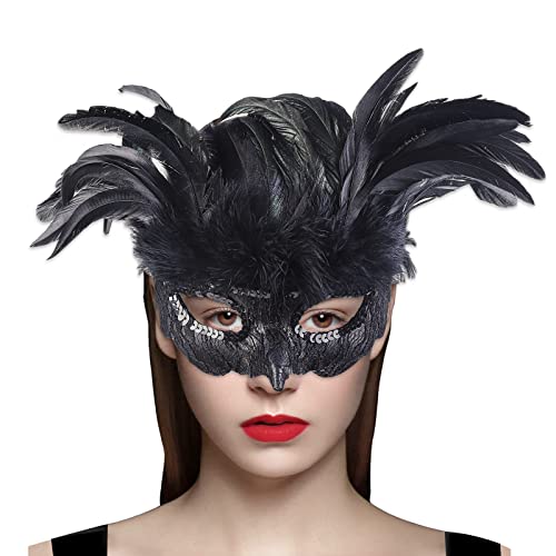 Cranight Venezianische Maske Damen Herren, Maskenball Masquerade Mask, Schwarze Federmaske Rabenmaske für Karneval Fasching Halloween Cosplay Kostüm Zubehör,Stil 01 von Cranight