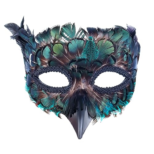 Cranight Venezianische Maske Damen Herren, Maskenball Masquerade Mask, Schwarze Federmaske Rabenmaske für Karneval Fasching Halloween Cosplay Kostüm Zubehör (green) von Cranight