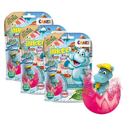 INKEE Fun Beach | 3er Multipack Badebomben Kinder mit Hippo Figuren , 3X Badekugeln Kinder mit Überraschung , Wassermelone Duft , mit Mango Butter von INKEE