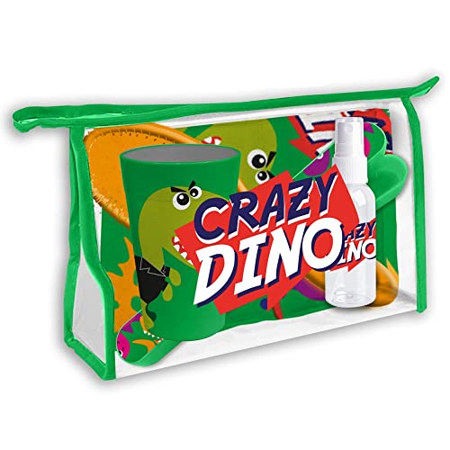 Reiseset 6-teilig, Dinosaurier, praktischer Kulturbeutel, die unterwegs benötigt werden, Haarbürste, Zahnbürsten Case, Zahnbecher, Sprühflasche (ohne Inhalt), KL83304, Kids Licensing von Crazy Dino