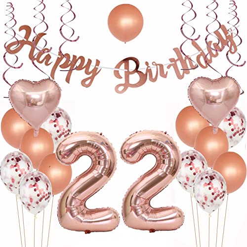 Crazy-M Geburtstagsdeko 22 Rosegold 22. Geburtstag Mädchen Frauen Luftballons 22 Geburtstag Party Deko Happy Birthday Girlande, Riesen Zahl 22 Folienballons, Konfetti Luft von Crazy-M