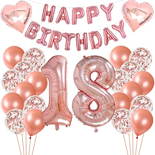 Geburtstag Deko Set Nummer 18 Luftballon Rosegold Mädchen, Geburtstag Party Deko -2 Zahl 18 Aufblasbar Helium Folienballon+13 Happy birthday Folienballon+ 20 Ballons+ 2 Stern Ballon von Crazy-M