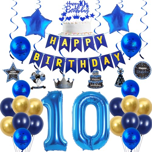 Luftballons 10 Geburtstag Dekoration Blau Gold 10 Jahre Jungen Geburtstagsdeko Ballon,Blau Happy Birthday Girlande Banner Folienballon 10 Geburtstag Party Deko für Junge,deko 10. Geburtstag Junge von Crazy-M