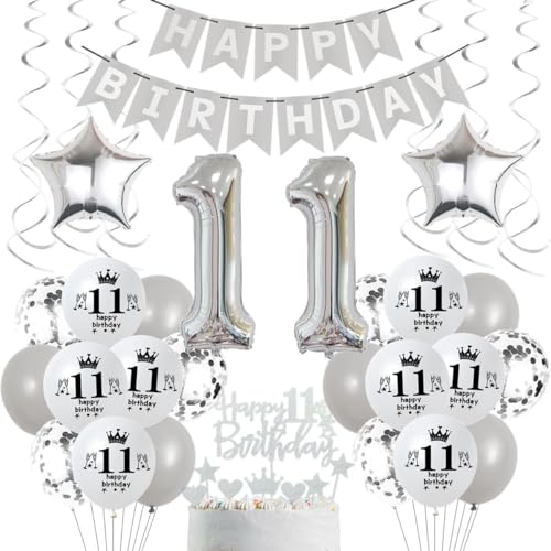 Luftballons 11. Geburtstag Grau Silber, 11 Geburtstag Deko Junge Mädchen, Silber Deko 11. Geburtstag Junge Mädchen, Ballons Silber für Jungen Party Deko,Silber Tortendeko 11 Geburtstag Party von Crazy-M