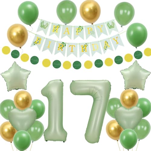 luftballon 17 Geburtstag Deko Mädchen, Geburtstagsdeko 17 jahre Mädchen ballon, Grün Gold Deko 17. Geburtstag Mädchen ballon mit Happy Birthday Banner girlande für 17 Geburtstag Mädchen Dekoration von Crazy-M