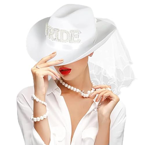 Bronzing "Bride" Cowgirl-Hut, weißer Cowboyhut mit verstellbarem Hals-Kordelzug, Damen-Filz-Partyhut, Junggesellinnenabschied, Kostümparty, Spielverkleidung, passend für die meisten Frauen, Brautparty-Zubehör (Erwachsenengröße) von Crazy Night