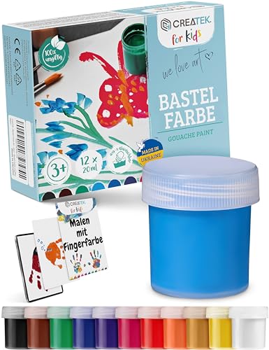 CreaTek Bastelfarben für Kinder [ perfekt für Kiga, Schule & Hobby ] 12x20ml leuchtende Malfarben Kinder 3 Jahre - 100% sicher, vegan, geruchlos & auswaschbar - Plakatfarben Kinder, Malfarben Schule von CreaTek