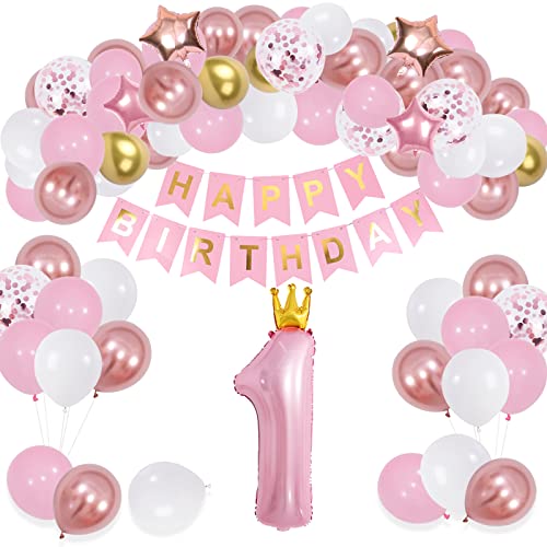 1. Geburtstag Dekorationen Mädchen, Alter 1 Krone Ballons Rosa Heliumfolie Nummer 1 Ballons Mit Happy Birthday Banner Für Baby Mädchen Tochter 1 Jahr Kind Geburtstag Party Supplies von Creaher