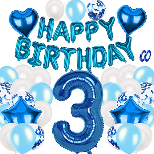 Blau 3 Geburtstag Dekorationen für Jungen, Happy Birthday Folienballons Zahl 3 Luftballons Set mit Happy Birthday Banner für Mädchen Jungen 3nd Birthday Babyparty Dekorationen von Creaher